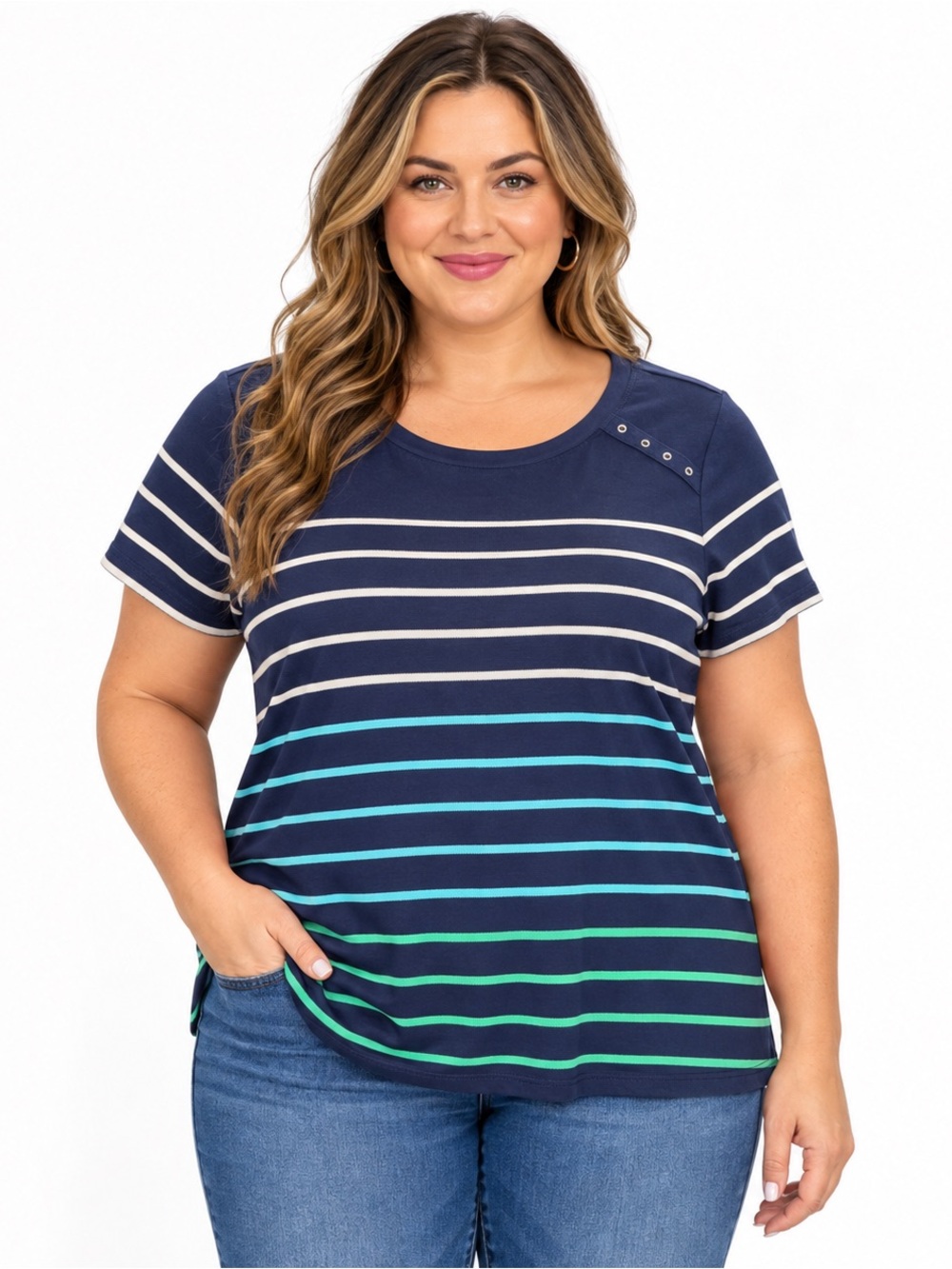 Karen Scott Sport Striped Grommet Top Navy Blue Multi Size M NWT